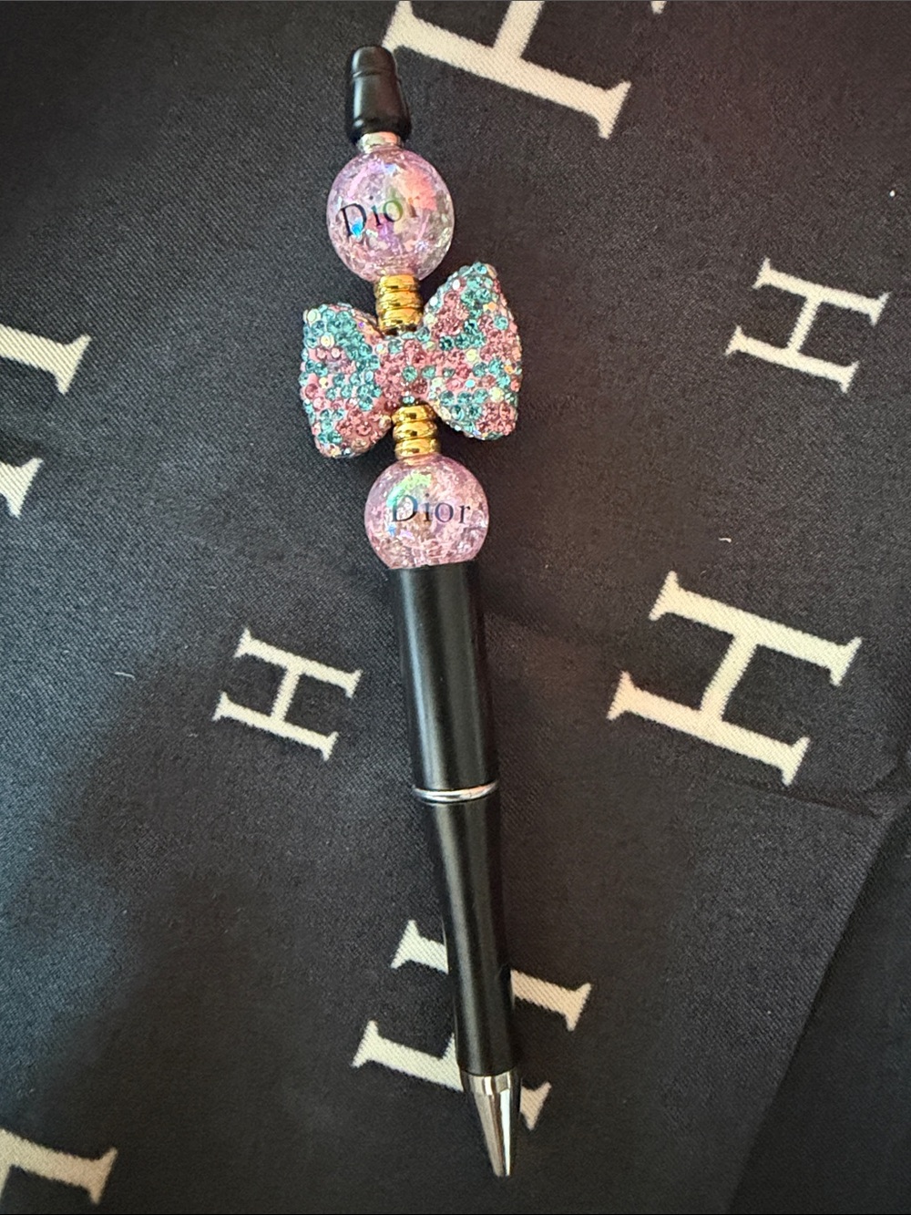 Pink and Turquoise Bow Beaded Pen